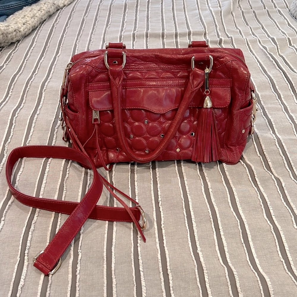 Gorgeous RED LEATHER REBECCA MINKOFF studded double handle bag w crossbody strap